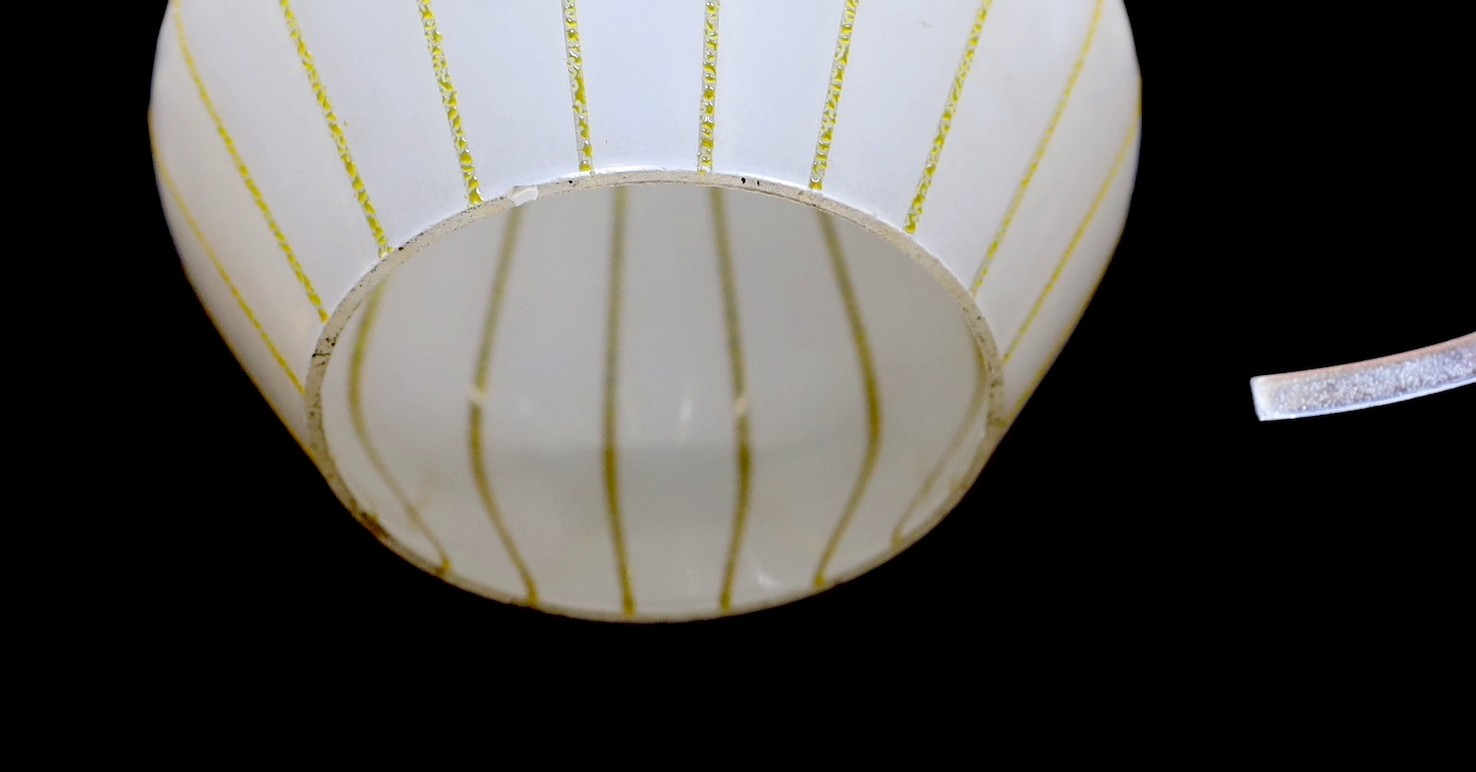 An 1950s English nickel plated twin branch light fitting with opaque glass shades, height 35cm. width 60cm